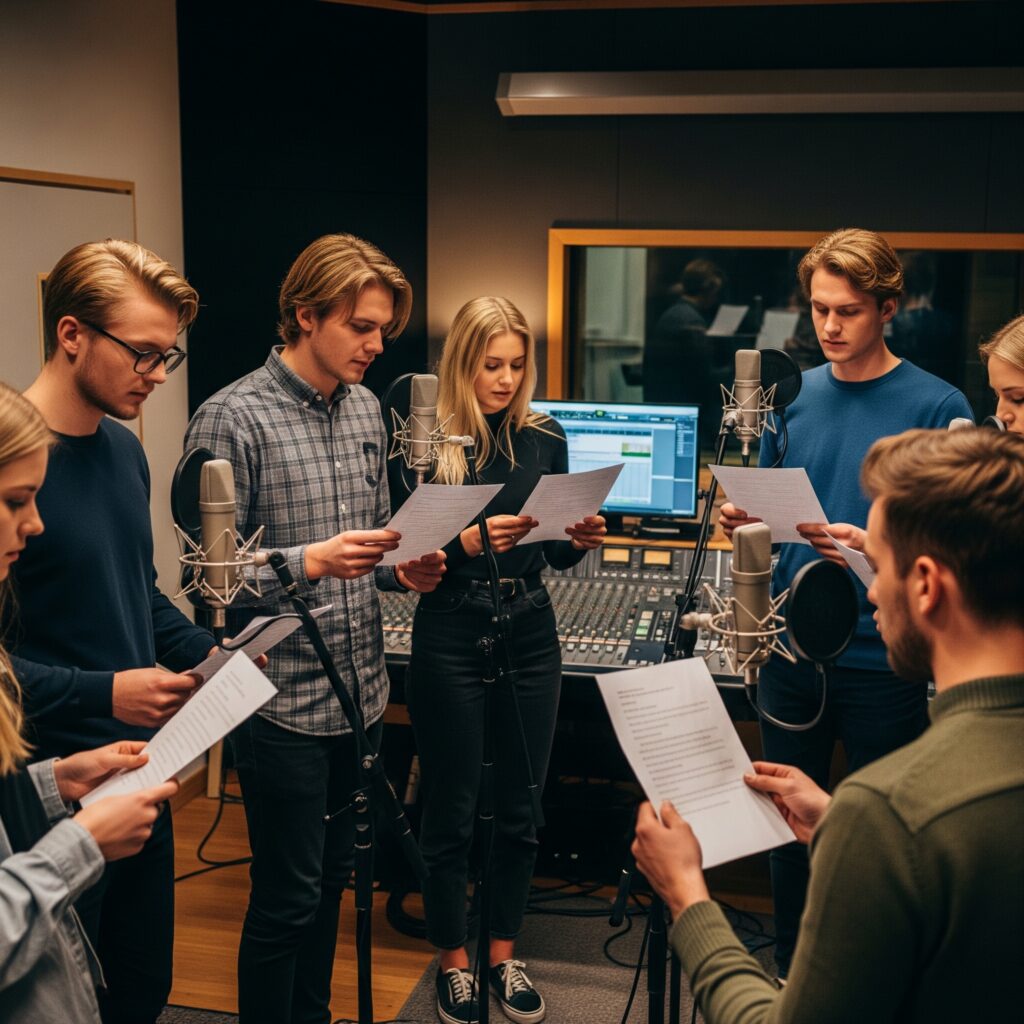 osoby u mikrofonů v nahrávacím studiu osoby u mikrofonů v nahrávacím studiu